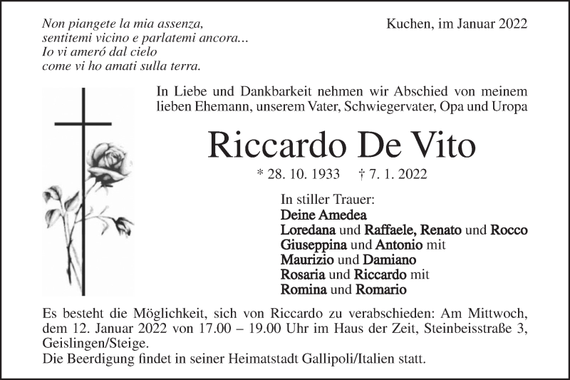  Traueranzeige für Riccardo De Vito vom 11.01.2022 aus Geislinger Zeitung