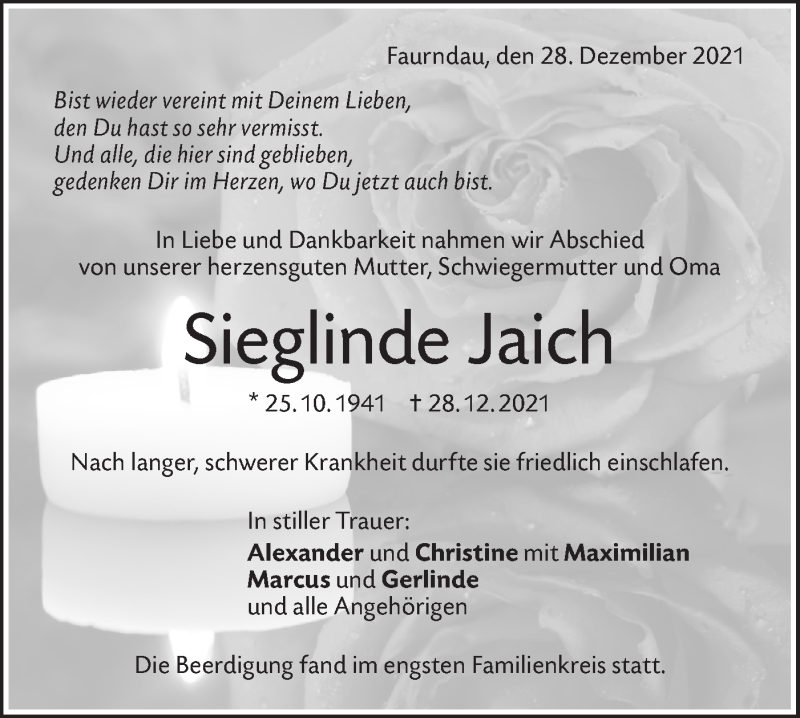  Traueranzeige für Sieglinde Jaich vom 08.01.2022 aus NWZ Neue Württembergische Zeitung/Geislinger Zeitung
