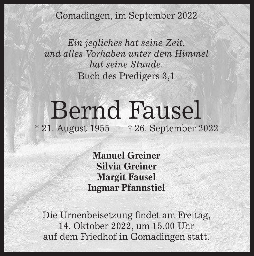  Traueranzeige für Bernd Fausel vom 07.10.2022 aus Alb-Bote/Metzinger-Uracher Volksblatt