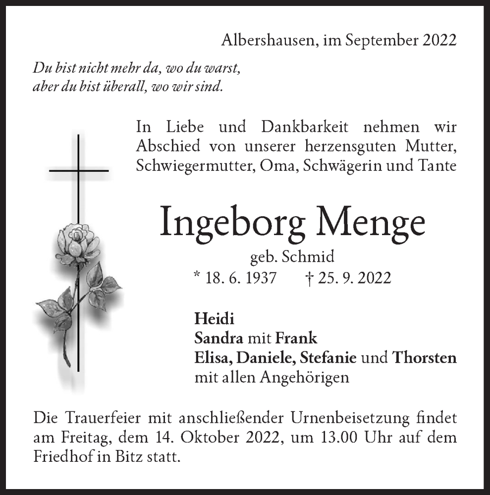  Traueranzeige für Ingeborg Menge vom 07.10.2022 aus NWZ Neue Württembergische Zeitung