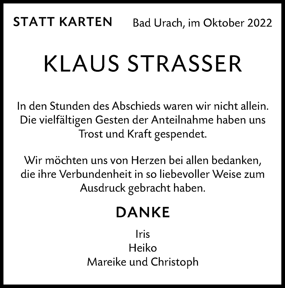  Traueranzeige für Klaus Strasser vom 07.10.2022 aus Metzinger-Uracher Volksblatt