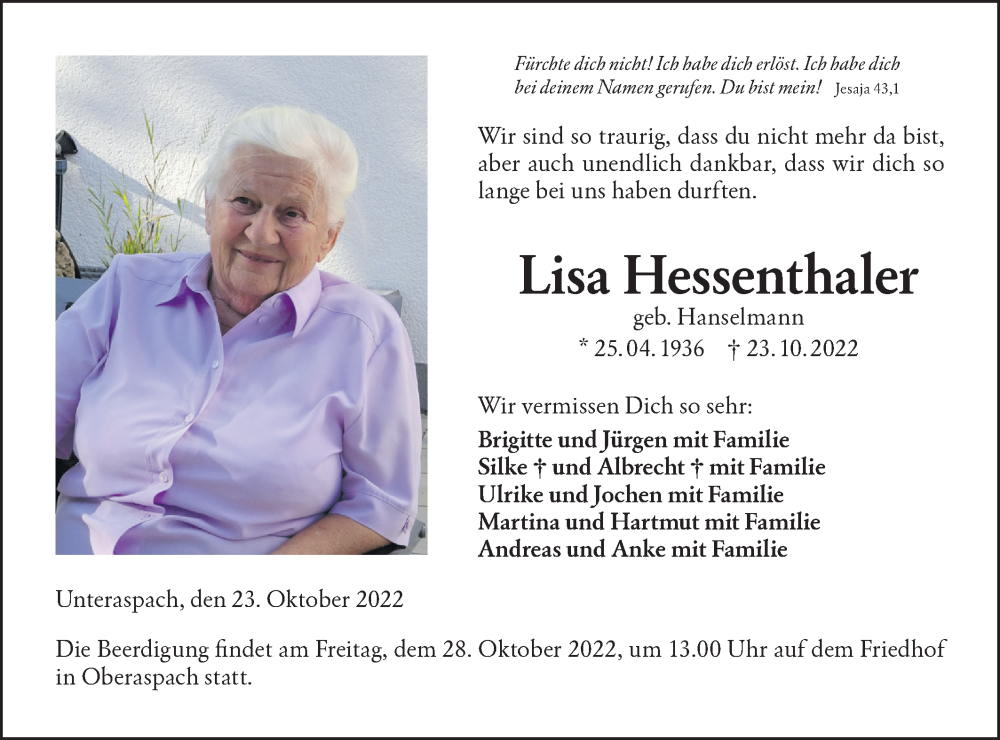  Traueranzeige für Lisa Hessenthaler vom 26.10.2022 aus Haller Tagblatt