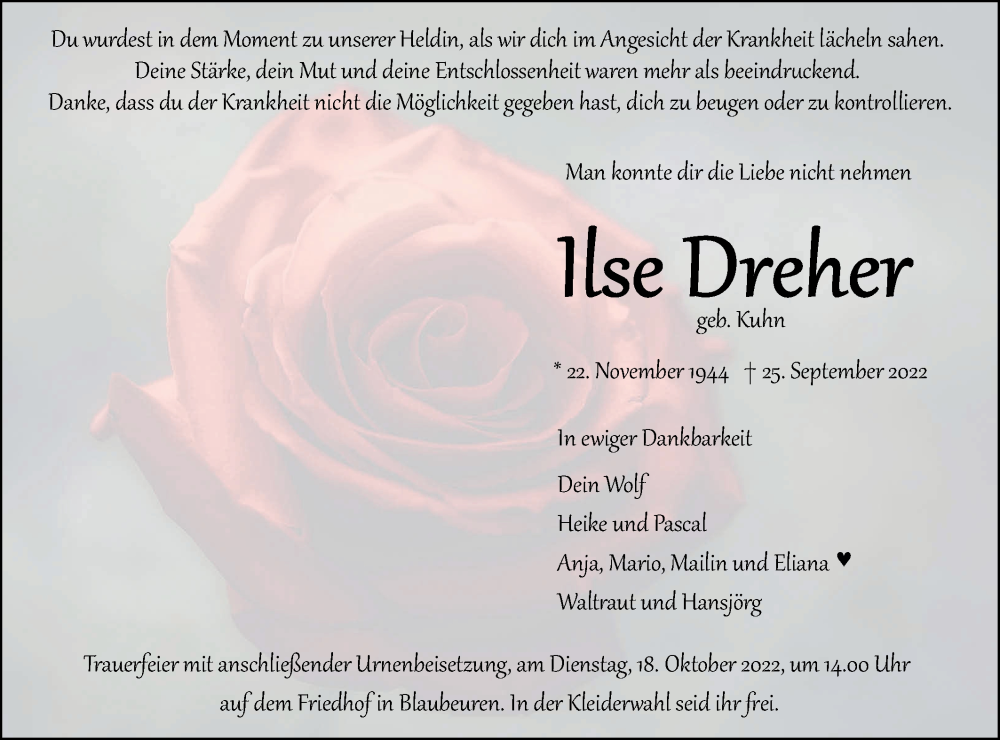  Traueranzeige für lse Dreher vom 07.10.2022 aus SÜDWEST PRESSE Ausgabe Ulm/Neu-Ulm