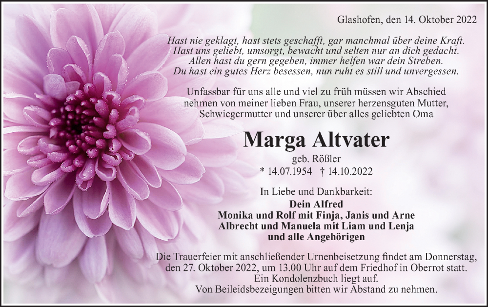  Traueranzeige für Marga Altvater vom 24.10.2022 aus Rundschau Gaildorf