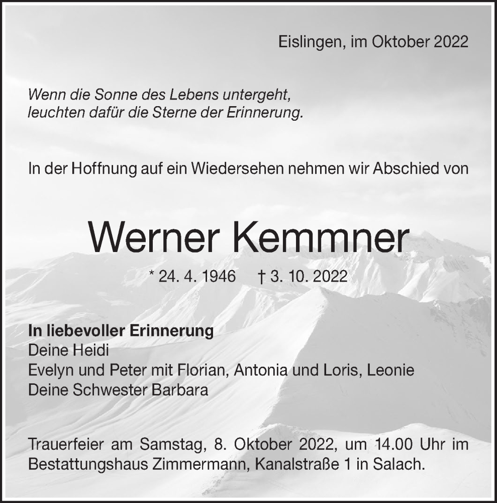  Traueranzeige für Werner Kemmner vom 06.10.2022 aus NWZ Neue Württembergische Zeitung