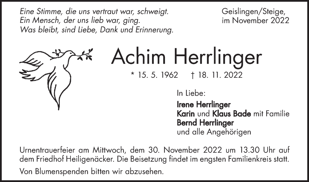  Traueranzeige für Achim Herrlinger vom 24.11.2022 aus Geislinger Zeitung