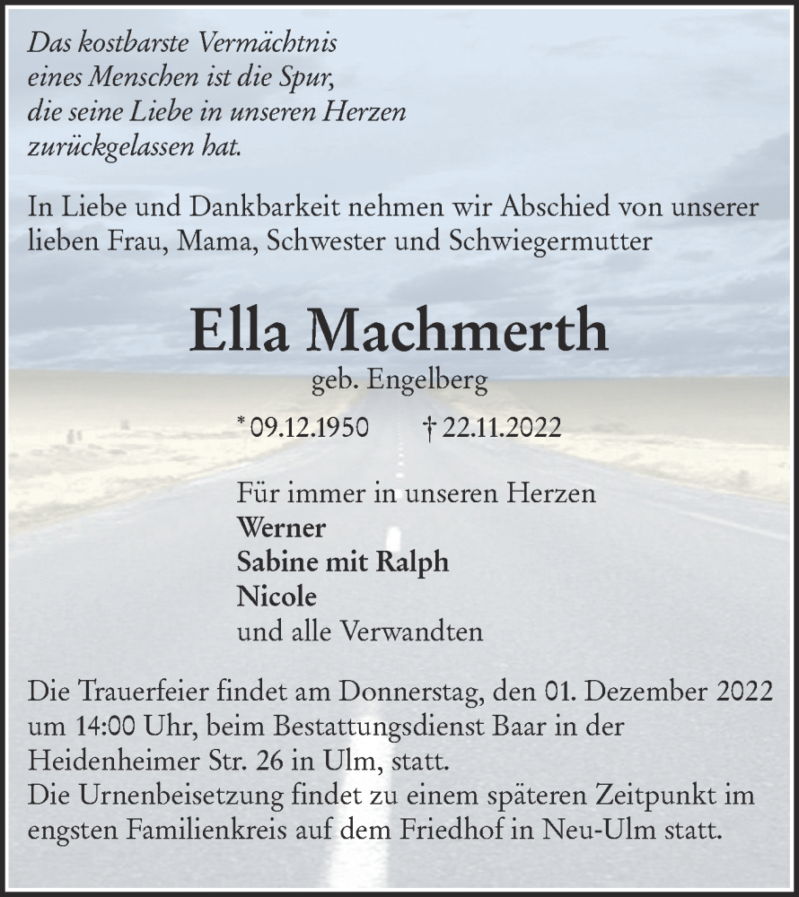  Traueranzeige für Ella Machmerth vom 26.11.2022 aus Ehinger Tagblatt