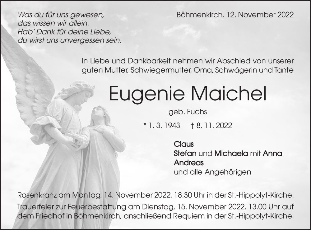  Traueranzeige für Eugenie Maichel vom 12.11.2022 aus NWZ Neue Württembergische Zeitung/Geislinger Zeitung