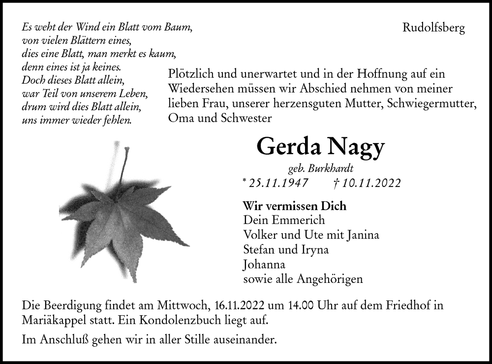  Traueranzeige für Gerda Nagy vom 15.11.2022 aus Hohenloher Tagblatt