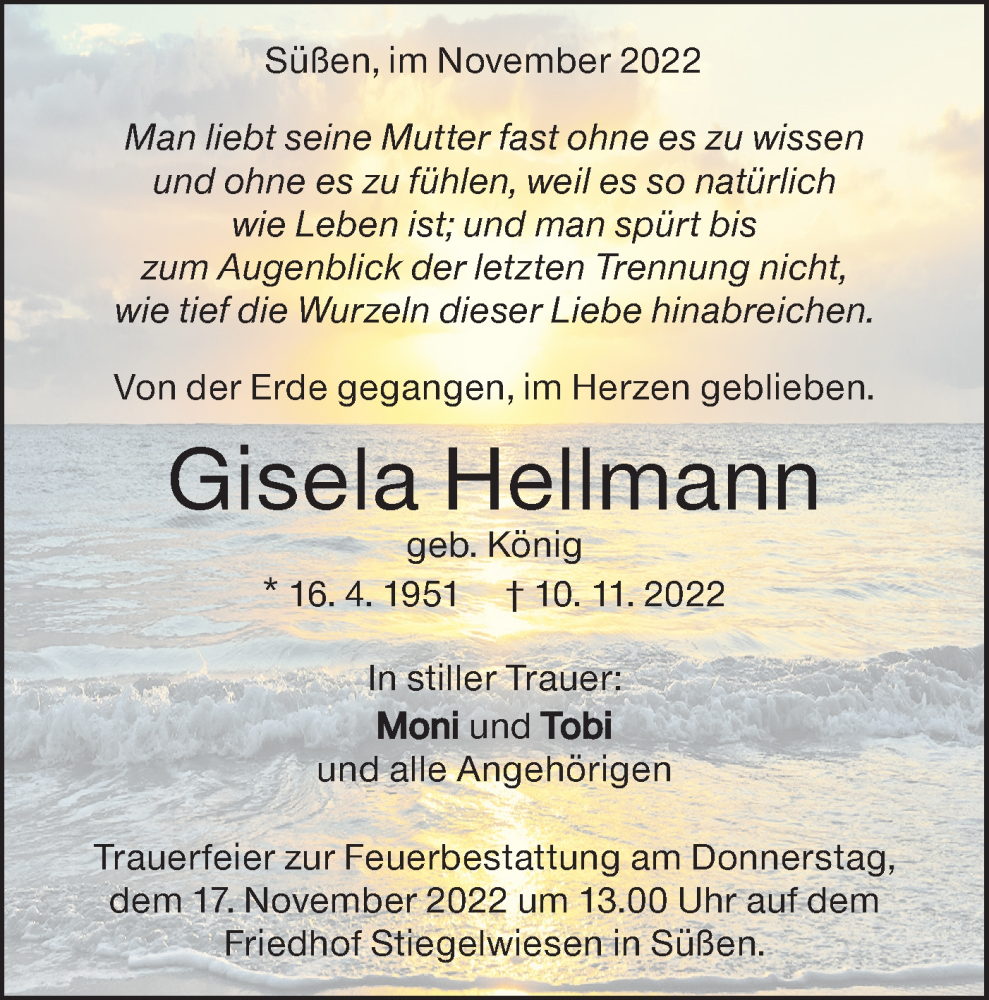  Traueranzeige für Gisela Hellmann vom 12.11.2022 aus Geislinger Zeitung