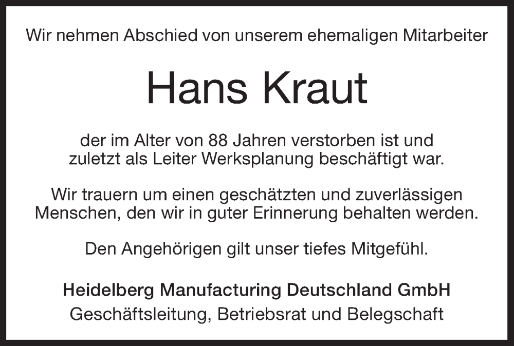  Traueranzeige für Hans Kraut vom 29.11.2022 aus Geislinger Zeitung
