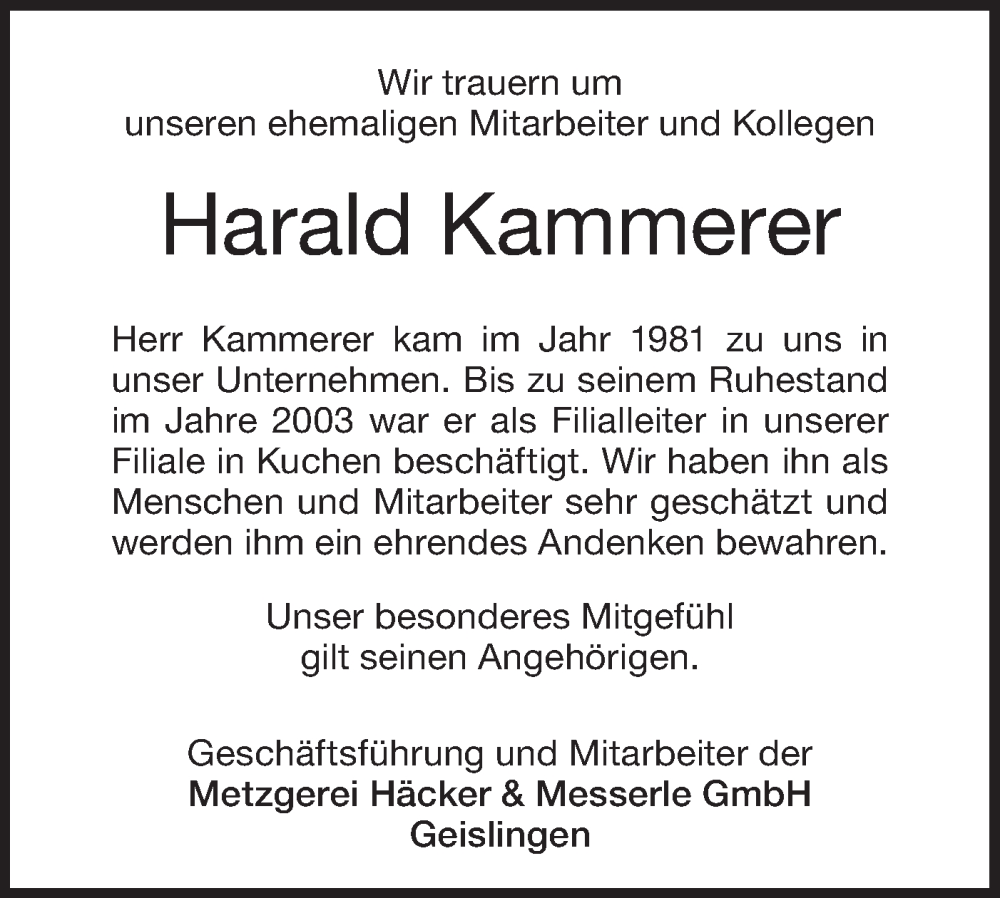  Traueranzeige für Harald Kammerer vom 11.11.2022 aus Geislinger Zeitung
