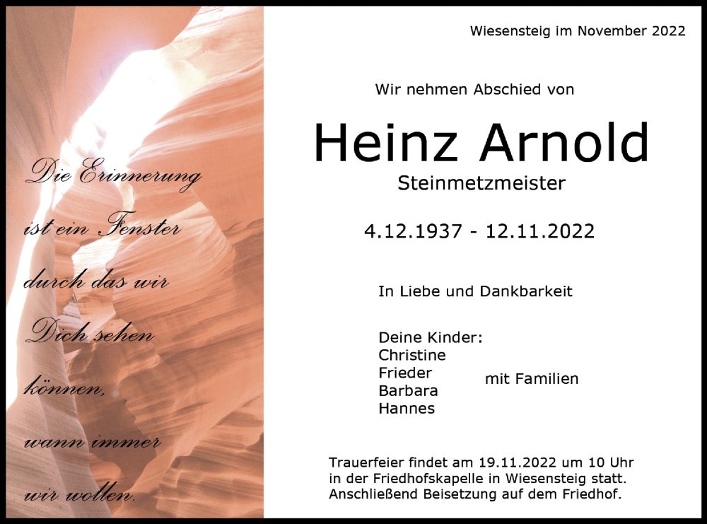  Traueranzeige für Heinz Arnold vom 16.11.2022 aus Geislinger Zeitung