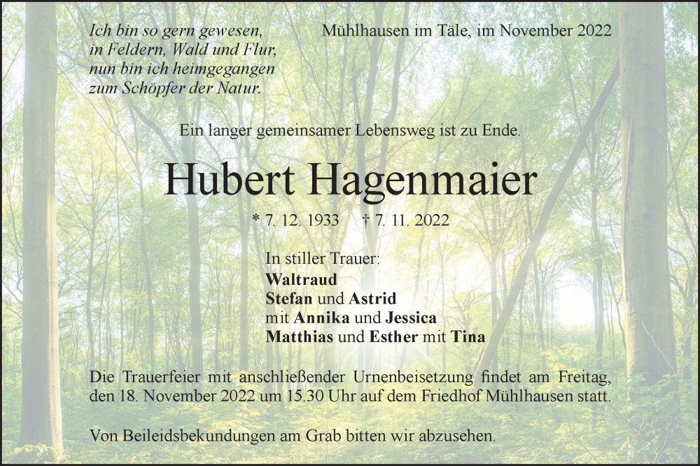  Traueranzeige für Hubert Hagenmaier vom 14.11.2022 aus Geislinger Zeitung
