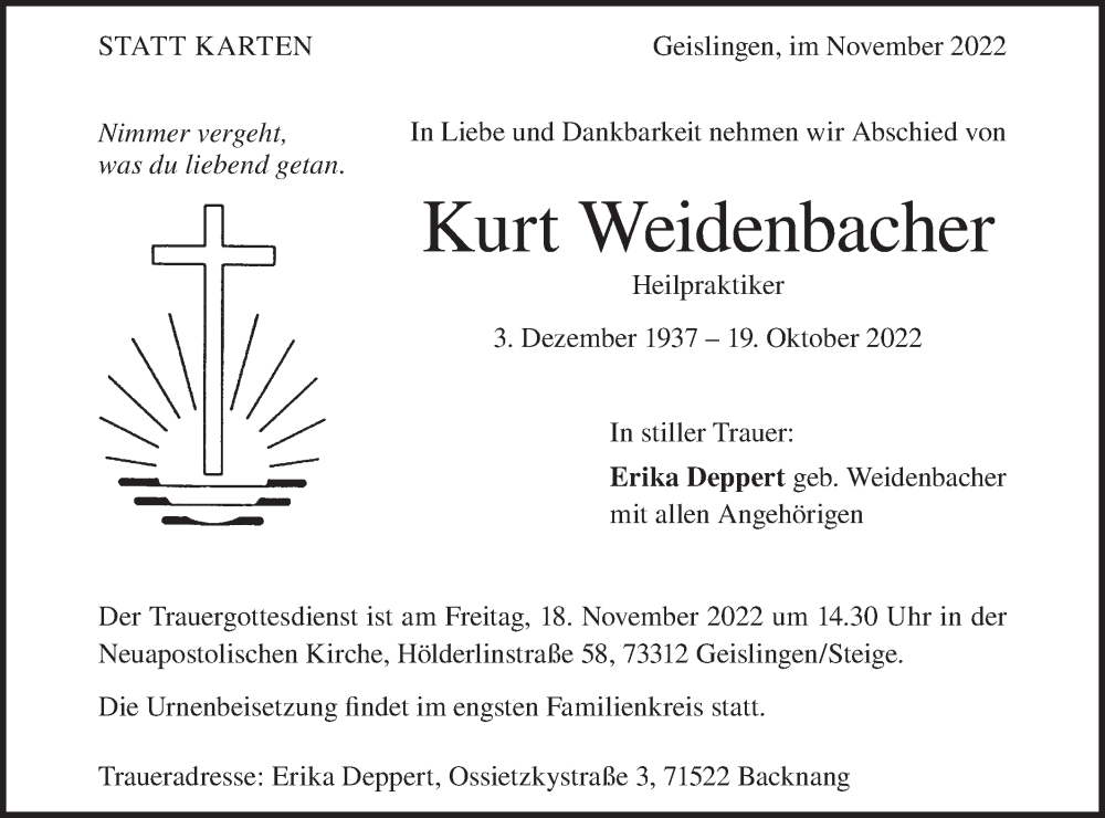  Traueranzeige für Kurt Weidenbacher vom 05.11.2022 aus Geislinger Zeitung