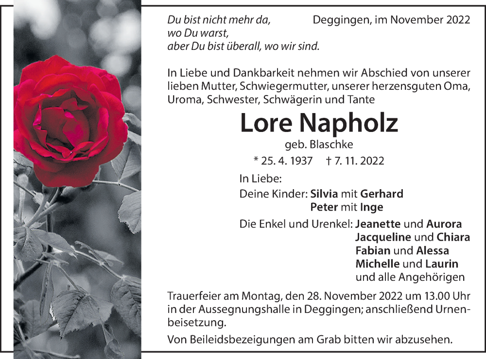  Traueranzeige für Lore Napholz vom 24.11.2022 aus Geislinger Zeitung