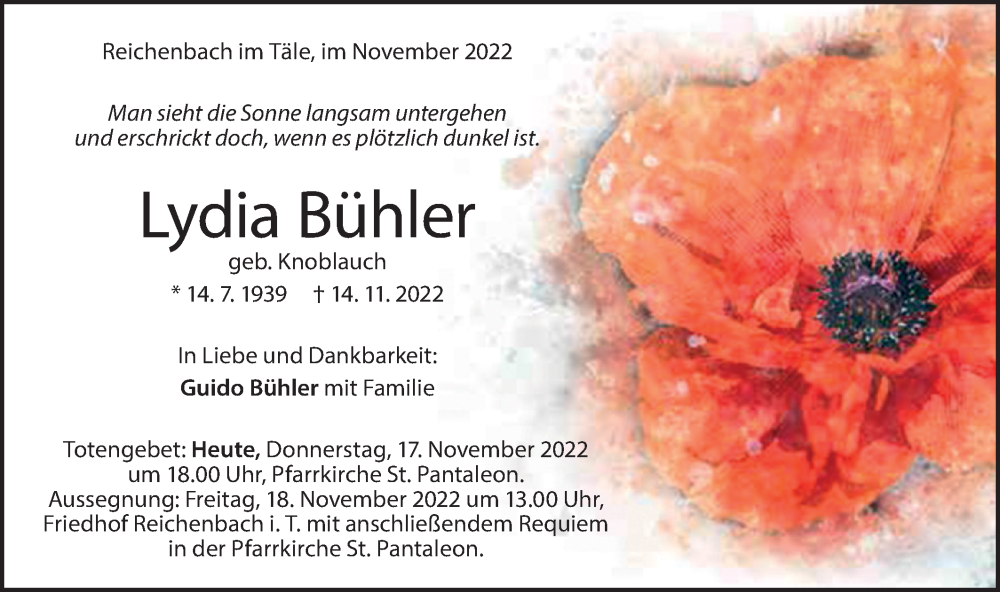  Traueranzeige für Lydia Bühler vom 17.11.2022 aus Geislinger Zeitung