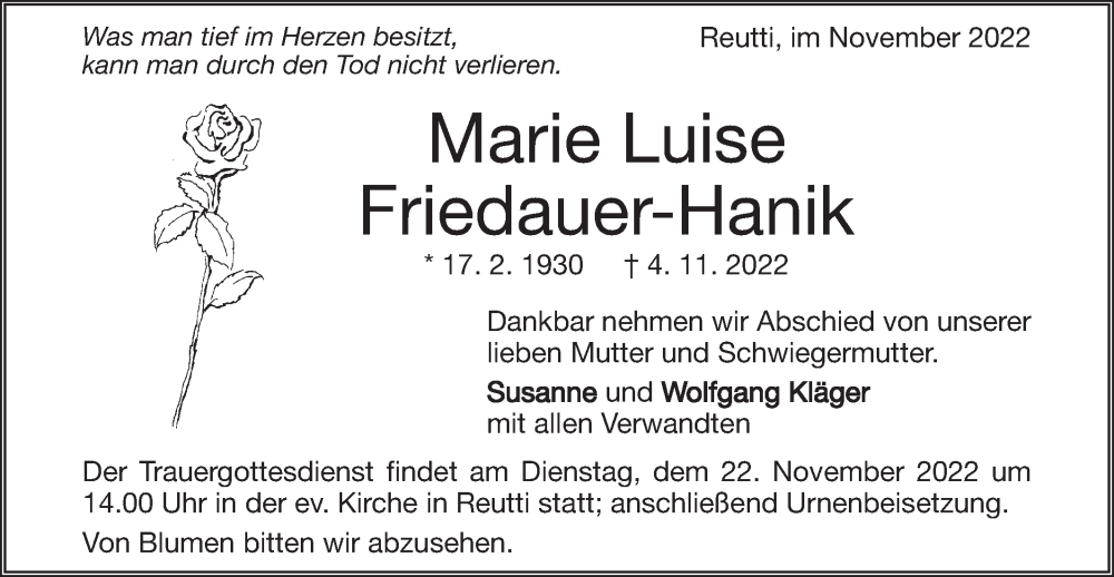  Traueranzeige für Marie Luise Friedauer-Hanik vom 19.11.2022 aus SÜDWEST PRESSE Ausgabe Ulm/Neu-Ulm