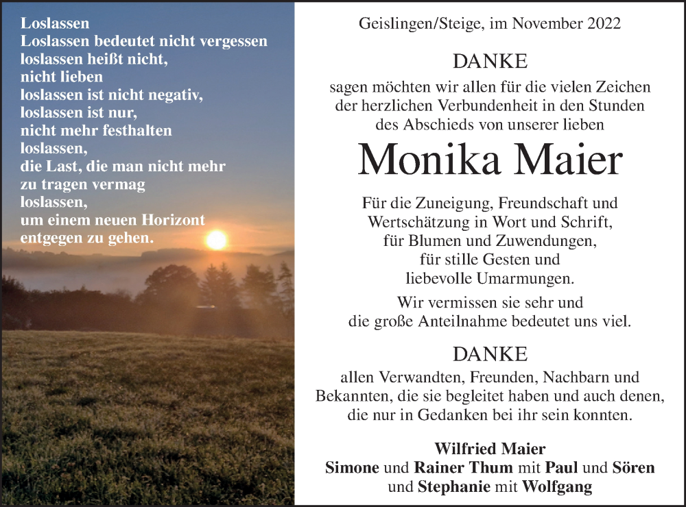  Traueranzeige für Monika Maier vom 25.11.2022 aus Geislinger Zeitung