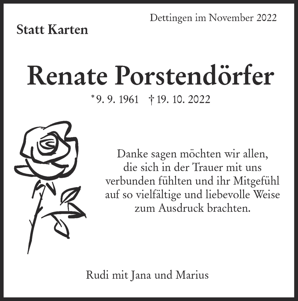  Traueranzeige für Renate Porstendörfer vom 25.11.2022 aus Metzinger-Uracher Volksblatt