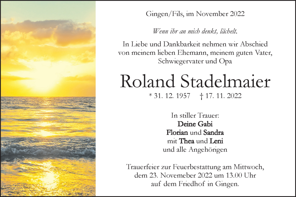  Traueranzeige für Roland Stadelmaier vom 19.11.2022 aus Geislinger Zeitung