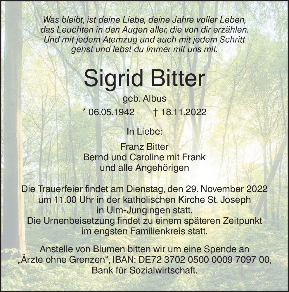 Traueranzeige für Sigrid Bitter vom 24.11.2022 aus SÜDWEST PRESSE Ausgabe Ulm/Neu-Ulm