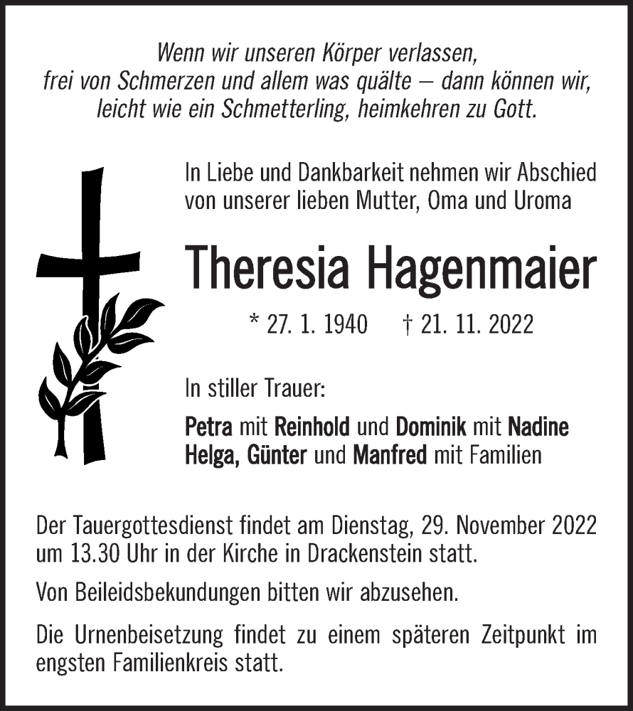 Traueranzeige für Theresia Hagenmaier vom 24.11.2022 aus Geislinger Zeitung