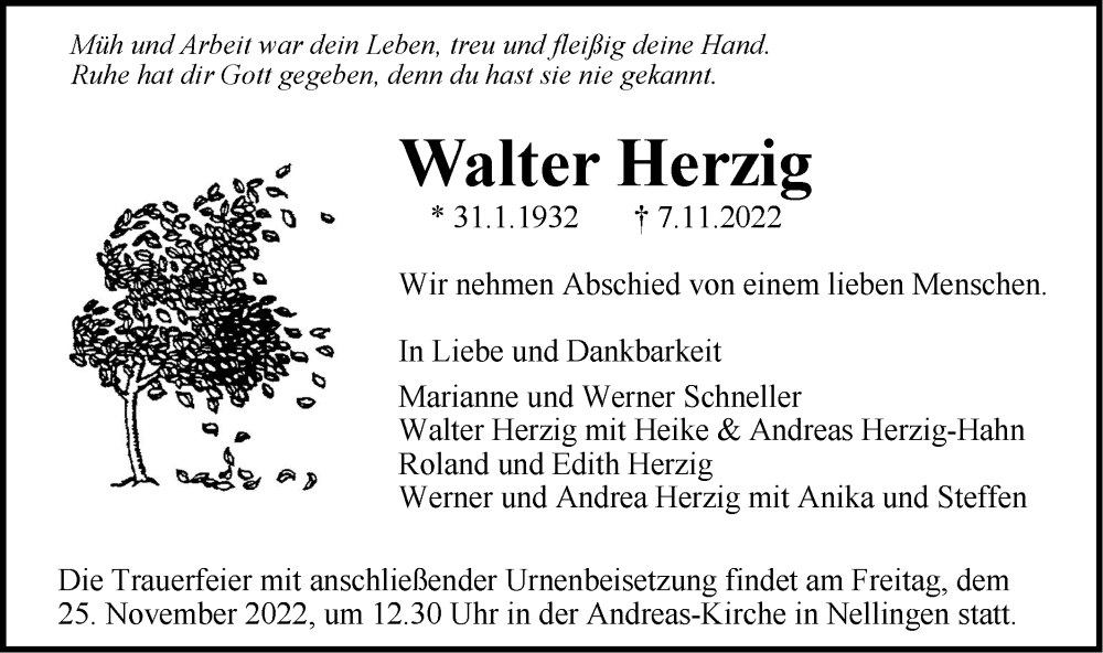  Traueranzeige für Walter Herzig vom 17.11.2022 aus Geislinger Zeitung