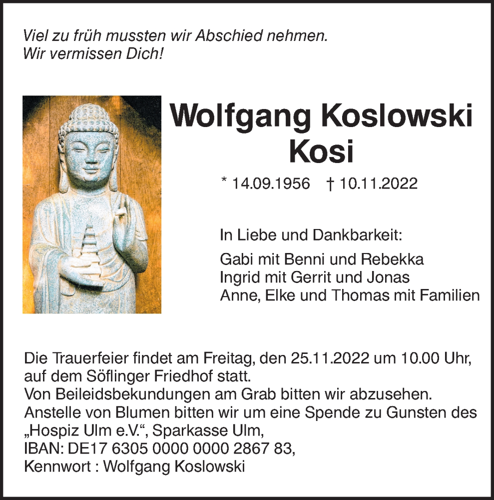  Traueranzeige für Wolfgang Koslowski vom 19.11.2022 aus SÜDWEST PRESSE Ausgabe Ulm/Neu-Ulm