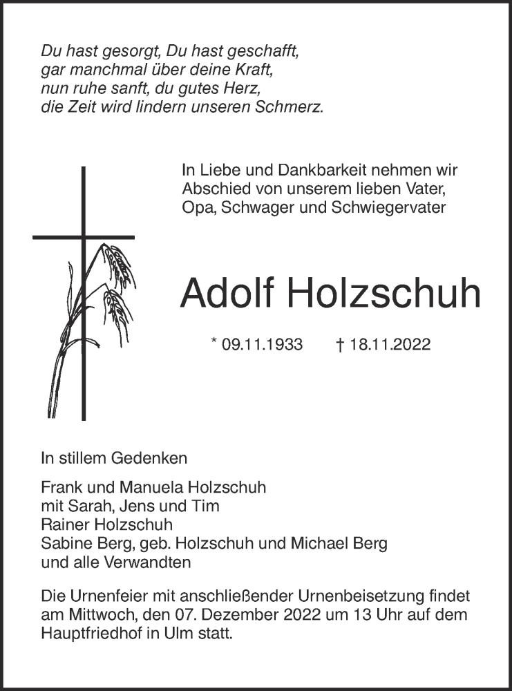  Traueranzeige für Adolf Holzschuh vom 03.12.2022 aus SÜDWEST PRESSE Ausgabe Ulm/Neu-Ulm