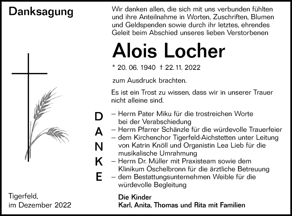  Traueranzeige für Alois Locher vom 30.12.2022 aus Alb-Bote/Metzinger-Uracher Volksblatt