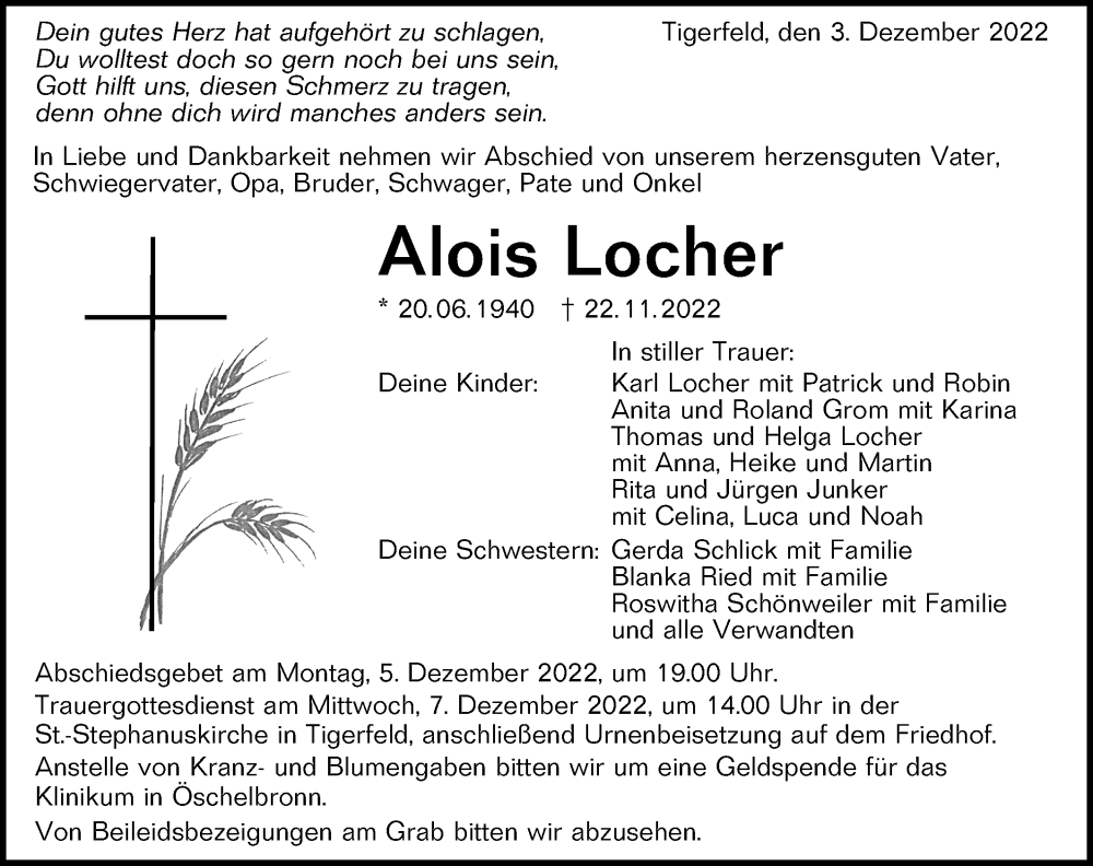  Traueranzeige für Alois Locher vom 03.12.2022 aus Alb-Bote/Metzinger-Uracher Volksblatt