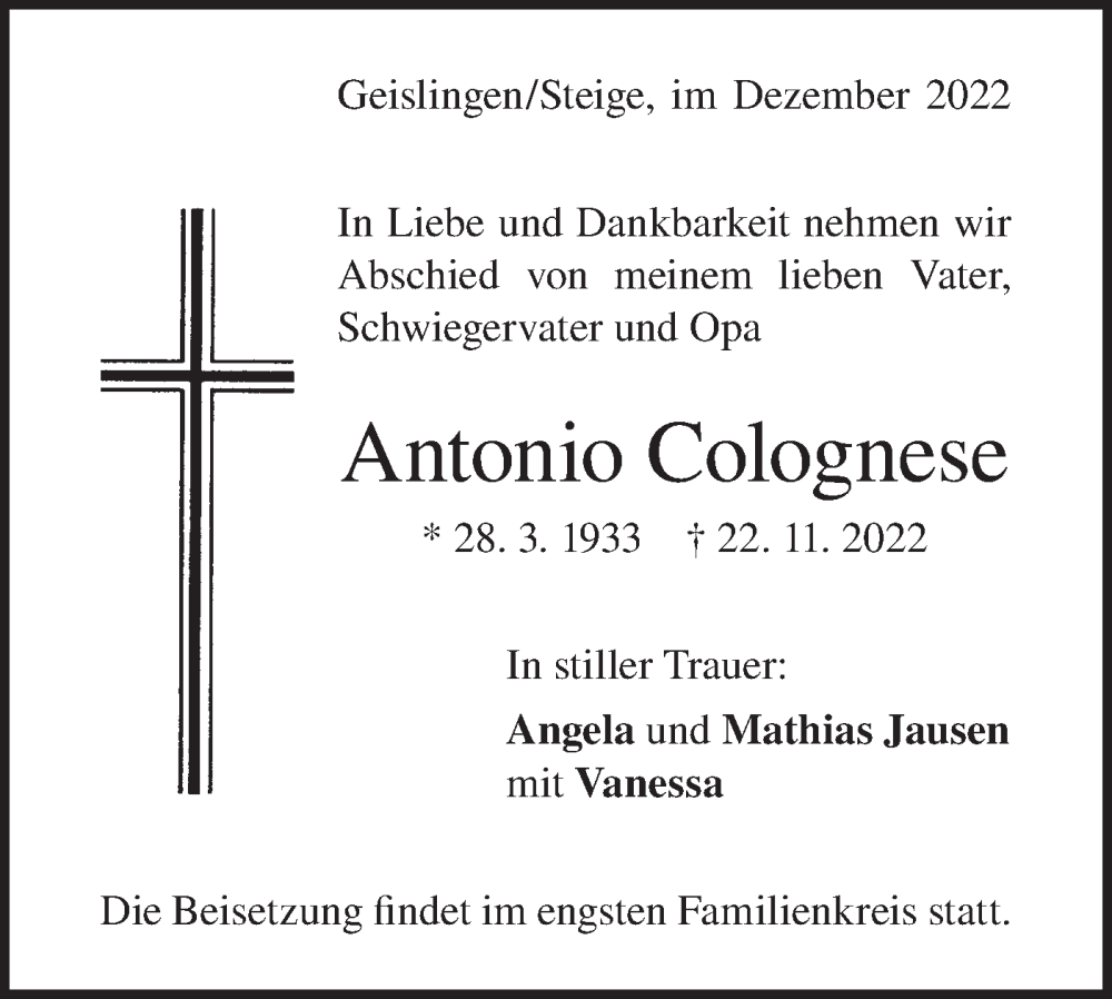  Traueranzeige für Antonio Colognese vom 03.12.2022 aus Geislinger Zeitung