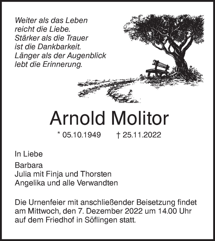  Traueranzeige für Arnold Molitor vom 02.12.2022 aus SÜDWEST PRESSE Ausgabe Ulm/Neu-Ulm