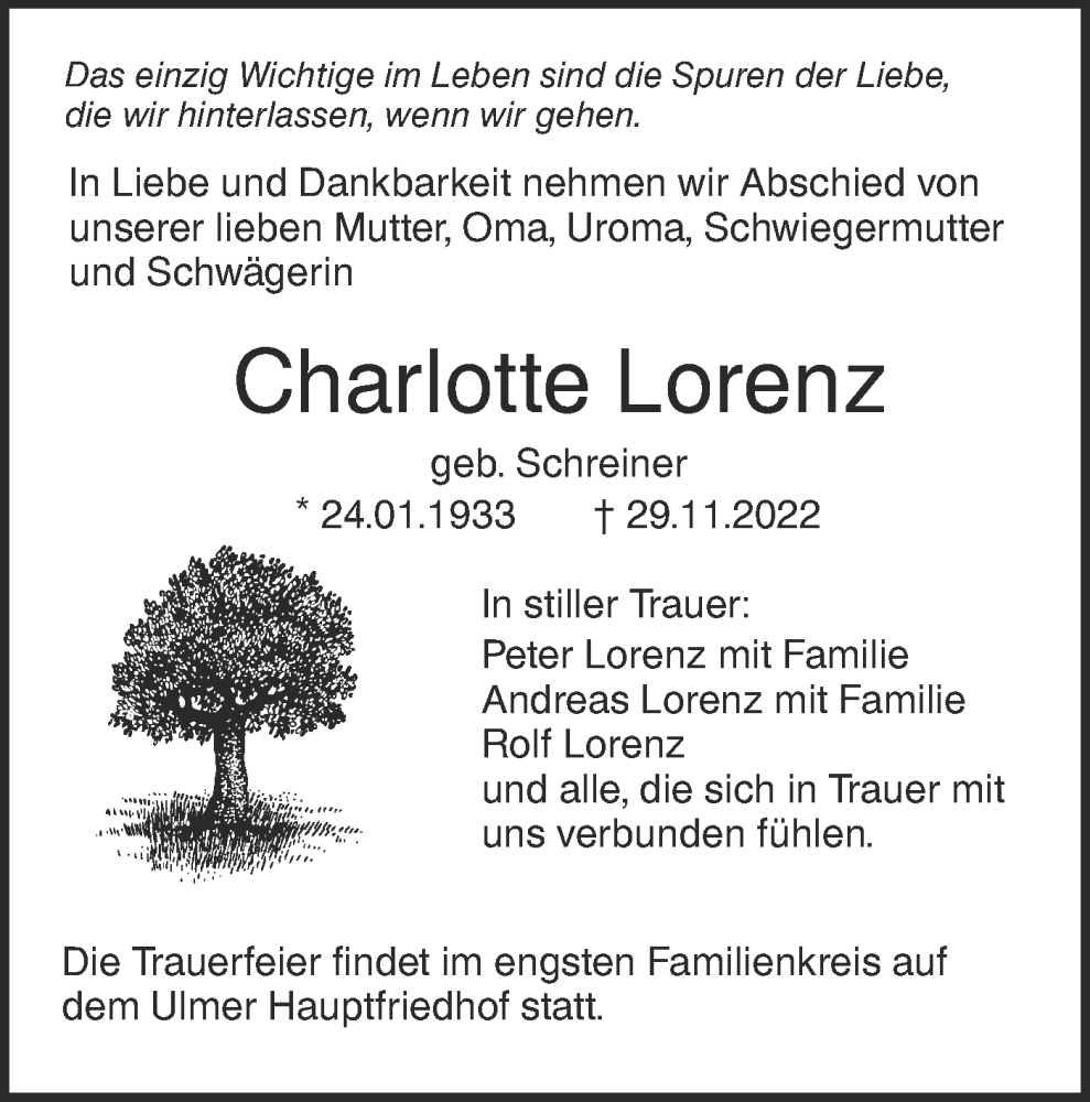  Traueranzeige für Charlotte Lorenz vom 03.12.2022 aus SÜDWEST PRESSE Ausgabe Ulm/Neu-Ulm