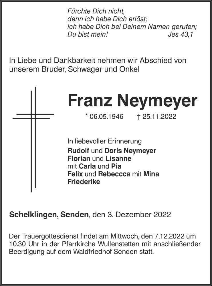  Traueranzeige für Franz Neymeyer vom 03.12.2022 aus SÜDWEST PRESSE Ausgabe Ulm/Neu-Ulm