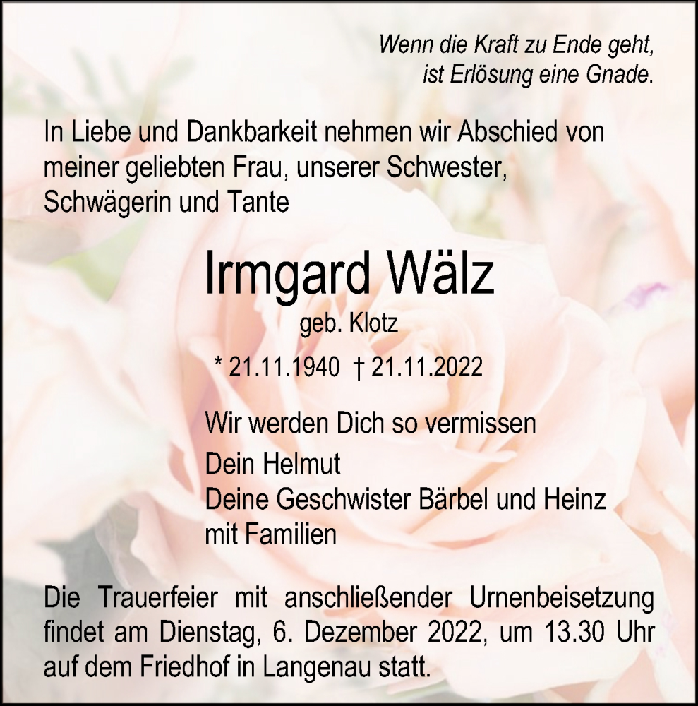  Traueranzeige für Irmgard Wälz vom 03.12.2022 aus SÜDWEST PRESSE Ausgabe Ulm/Neu-Ulm