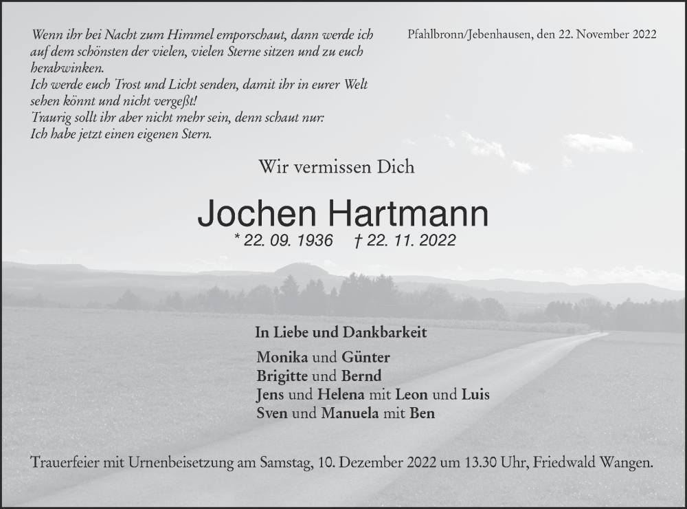 Traueranzeige für Jochen Hartmann vom 03.12.2022 aus NWZ Neue Württembergische Zeitung