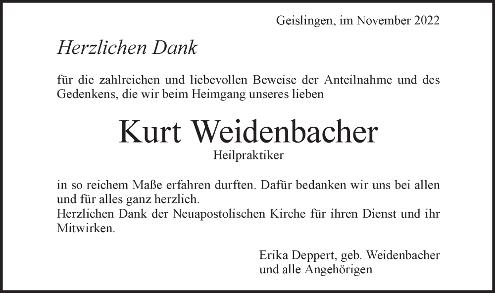  Traueranzeige für Kurt Weidenbacher vom 03.12.2022 aus Geislinger Zeitung