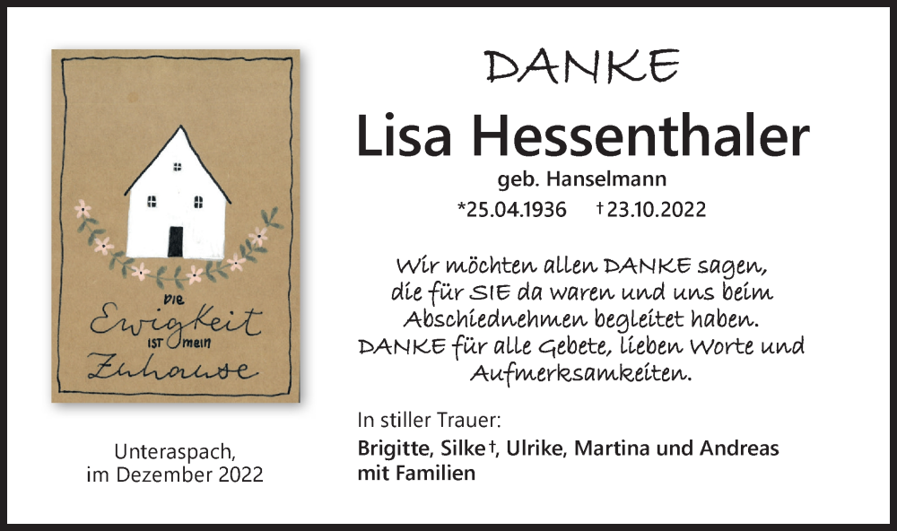  Traueranzeige für Lisa Hessenthaler vom 03.12.2022 aus Haller Tagblatt