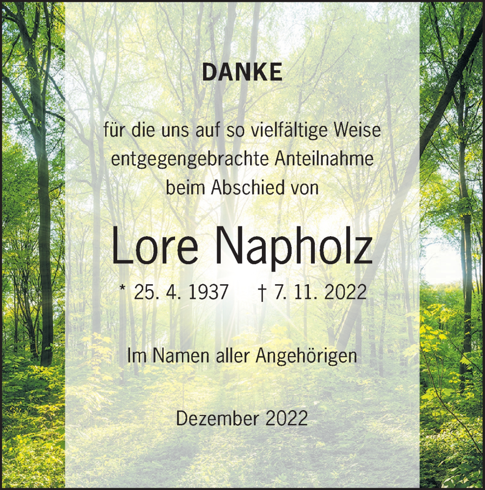  Traueranzeige für Lore Napholz vom 03.12.2022 aus Geislinger Zeitung