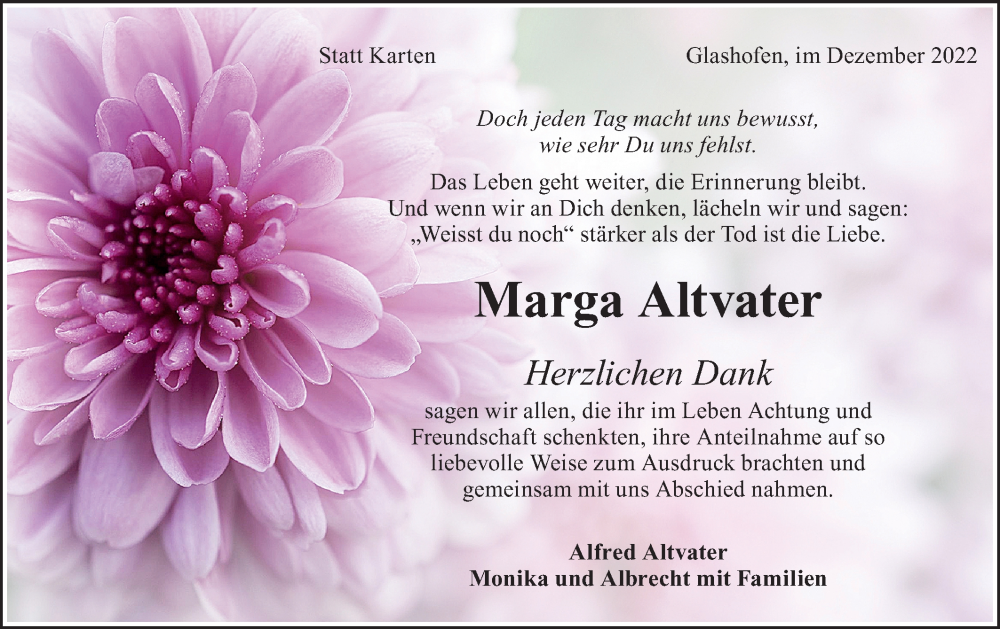  Traueranzeige für Marga Altvater vom 03.12.2022 aus Rundschau Gaildorf