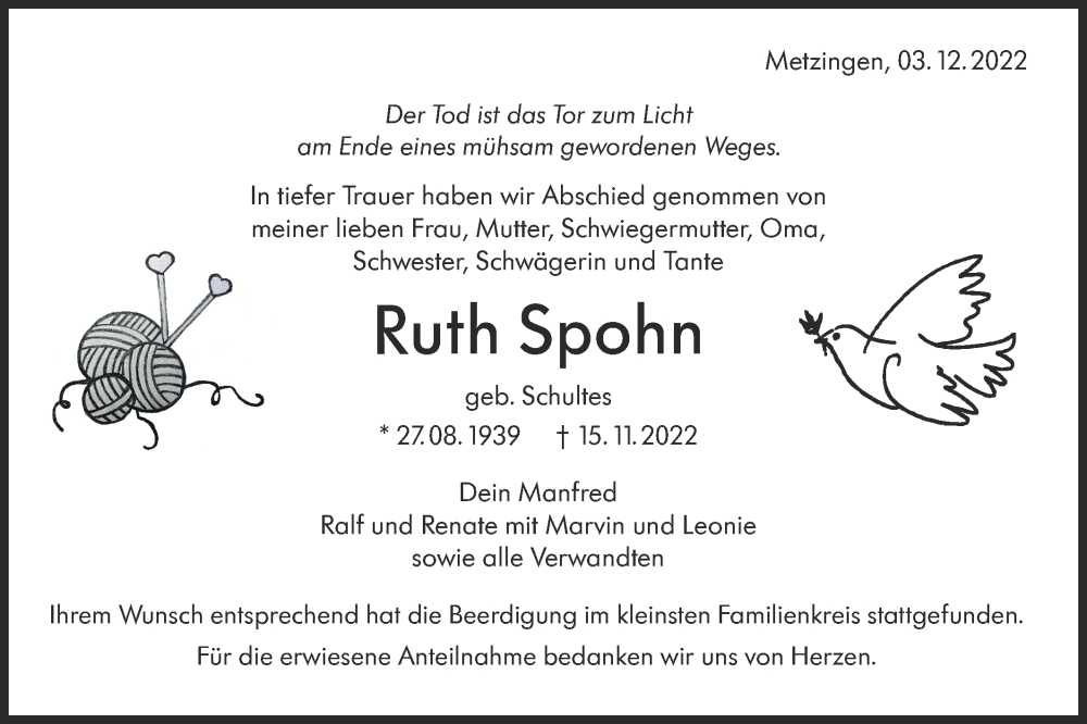  Traueranzeige für Ruth Spohn vom 03.12.2022 aus Metzinger-Uracher Volksblatt