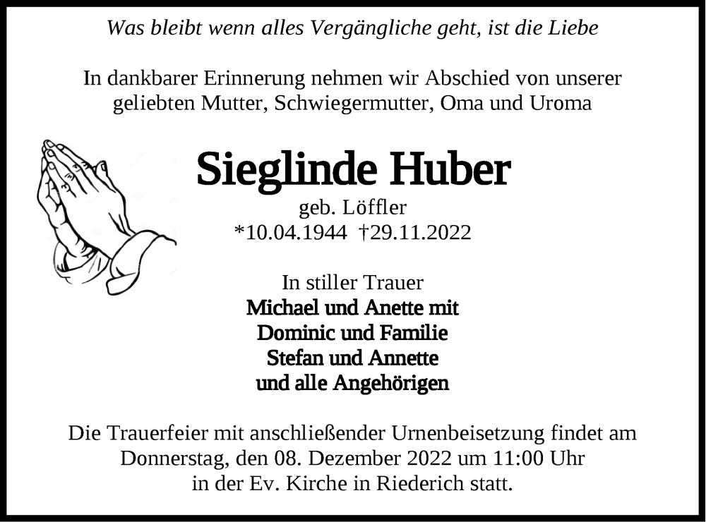  Traueranzeige für Sieglinde Huber vom 03.12.2022 aus Metzinger-Uracher Volksblatt