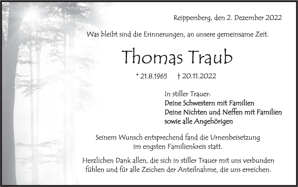  Traueranzeige für Thomas Traub vom 03.12.2022 aus Rundschau Gaildorf