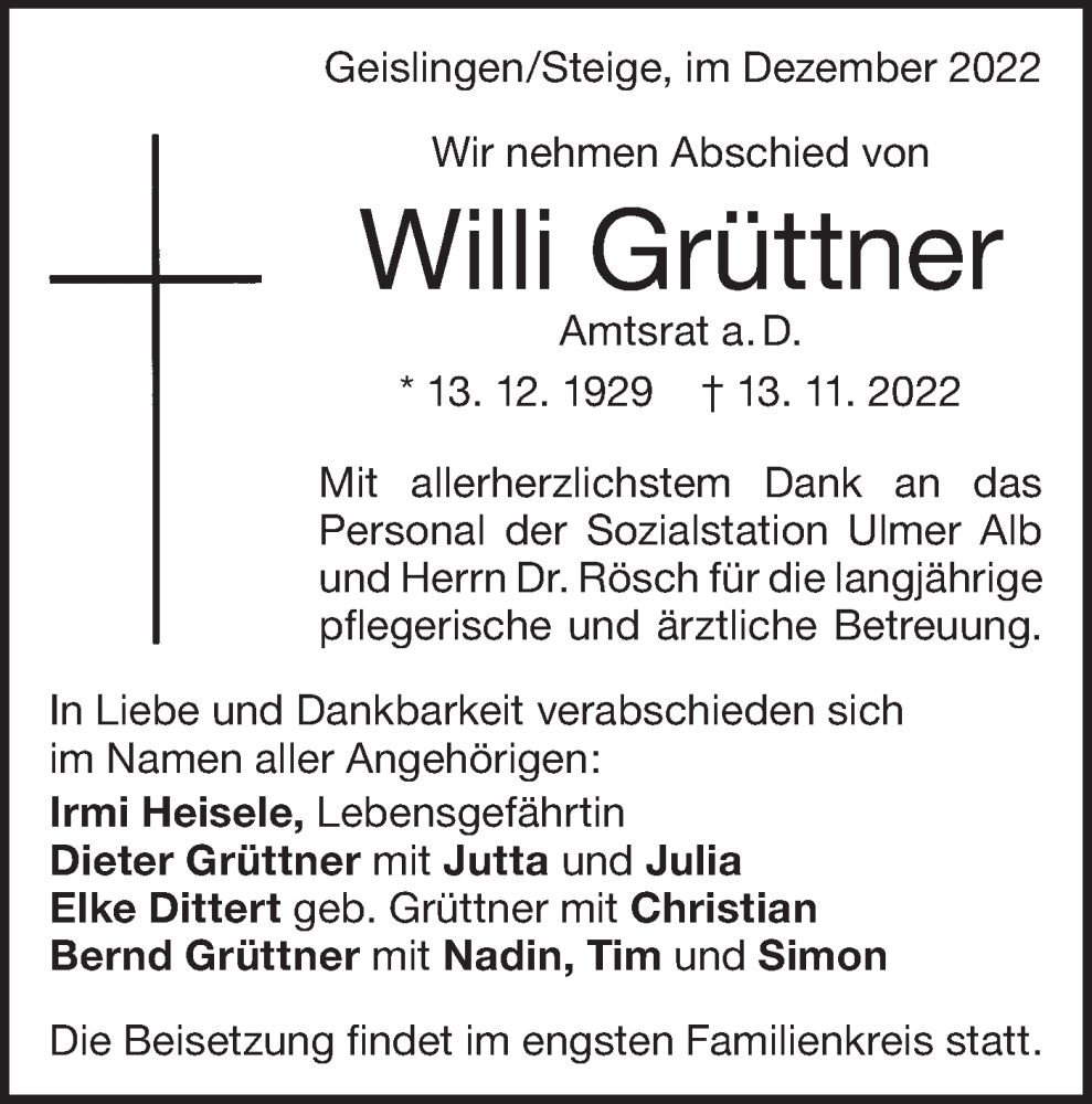  Traueranzeige für Willi Grüttner vom 03.12.2022 aus Geislinger Zeitung
