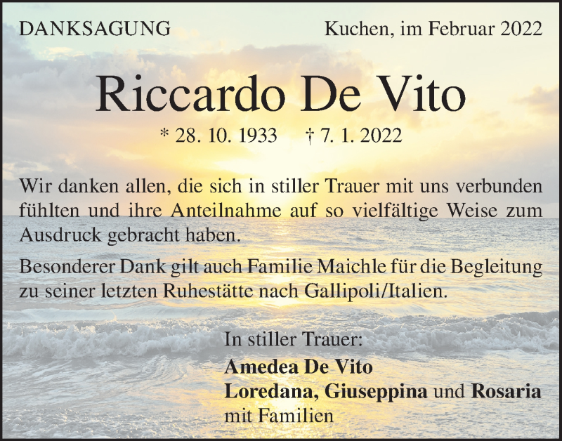  Traueranzeige für Riccardo De Vito vom 12.02.2022 aus Geislinger Zeitung