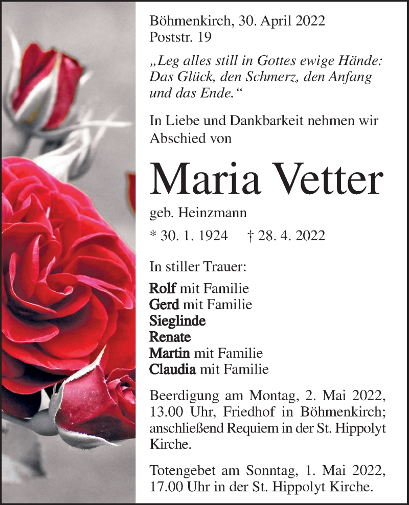  Traueranzeige für Maria Vetter vom 30.04.2022 aus Geislinger Zeitung