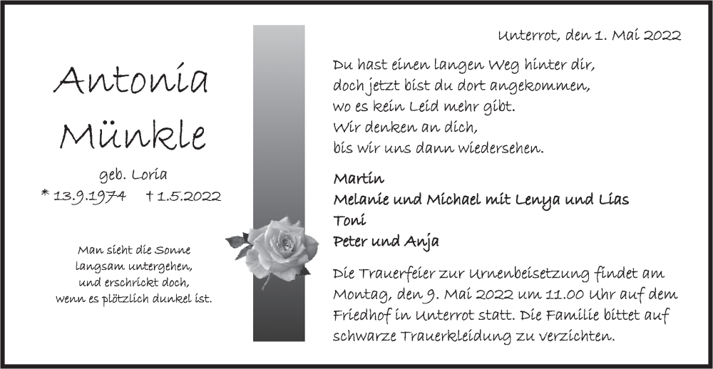  Traueranzeige für Antonia Münkle vom 05.05.2022 aus Geislinger Zeitung