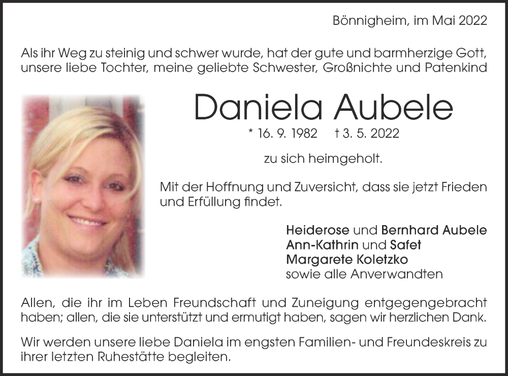  Traueranzeige für Daniela Aubele vom 14.05.2022 aus Geislinger Zeitung